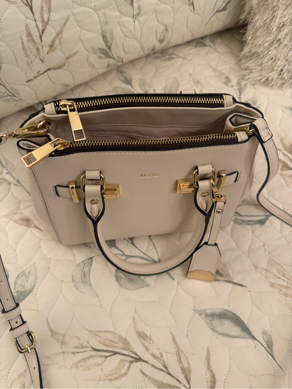 Aldo Cream Textured Leather Double-Zip Satchel with Gold Hardware